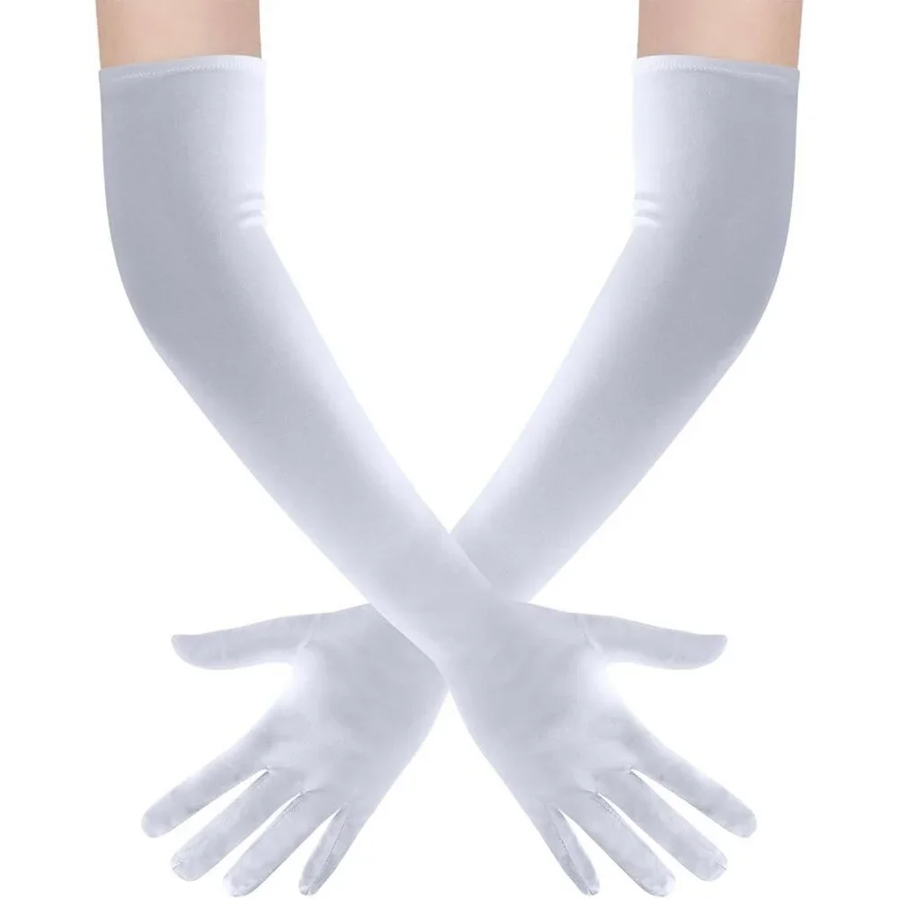 Women's White Long Satin Opera Fabric Gloves Party Tea Stretchy Elbow Length